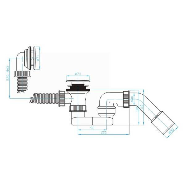 Сифон для ванны Devit DVKO14140, click-clack, колено 45' с накладкой, длина 550мм, фото 2