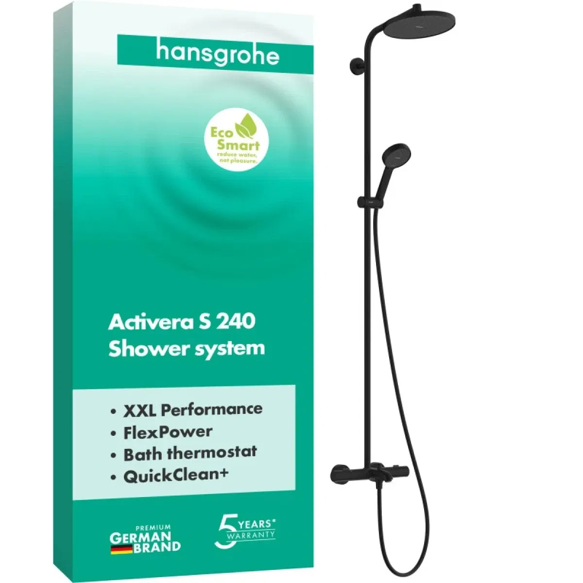 28871670 HG Activera S Душова система Showerpipe 240 1jet EcoSmart з термостатом на ванну Ecostat Fine, чорний матовий (1 сорт)