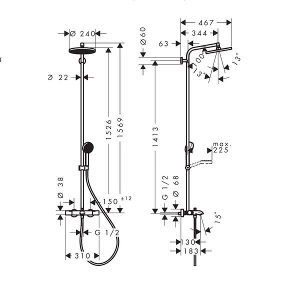 28871670 HG Activera S Душова система Showerpipe 240 1jet EcoSmart з термостатом на ванну Ecostat Fine, чорний матовий — фото 2