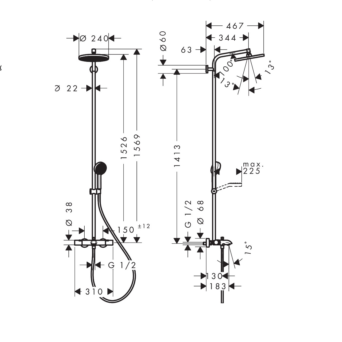 28871670 HG Activera S Душова система Showerpipe 240 1jet EcoSmart з термостатом на ванну Ecostat Fine, чорний матовий (1 сорт)