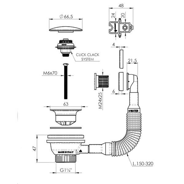 Донный клапан для раковины Miraggio L.B.Plast LI232-BS click-clack с переливом, белый матовый, фото 2