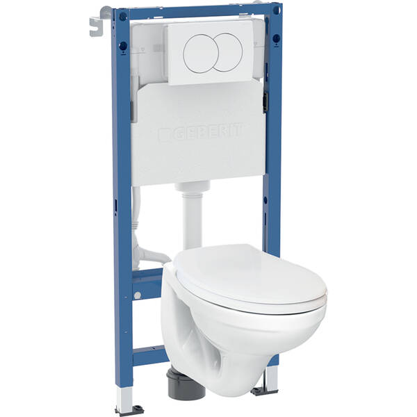 118.315.11.2 Комплект Geberit Duofix PRO 20, інсталяція для підв.унітазу Delta 12см із кріпленням до стіни, підвісний унітаз Idol із сидінням Duroplast, змивна клавіша Delta01: Білий глянець