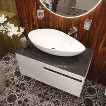 Тумба консольная Аква Родос Ostin 22185 белый мат со столешницей керамо-гранит Namibia Black 90 см и раковиной Olive 74 см, фото №1