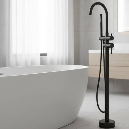 Змішувач для ванни Devit Flow 550538B з душовим набором підлоговий чорний матовий, фото 1