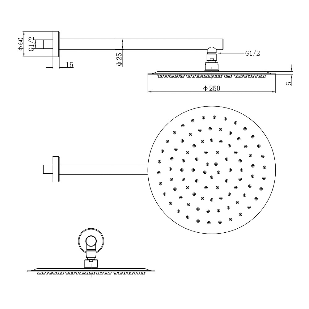 D113000000110C Flow Верхня душова лійка d=250 мм з кронштейном, хром (1 сорт)