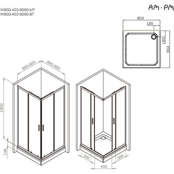 Душова кабіна AM.PM Gem Square Slide W90UG-403-9090MT 90x90 см, прозоре скло, профіль матовий хром, фото 3