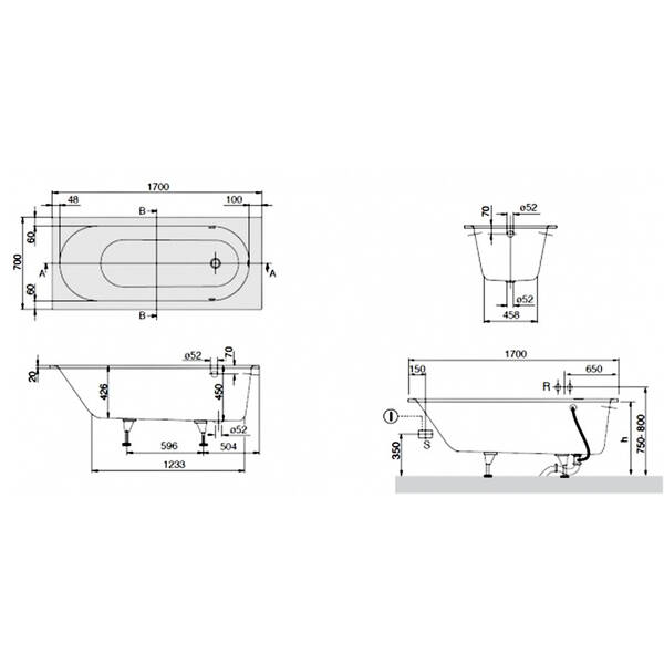 Ванная квариловая Villeroy&Boch Oberon uBQ177OBE2V-RW 170х70см белый мат, фото 3