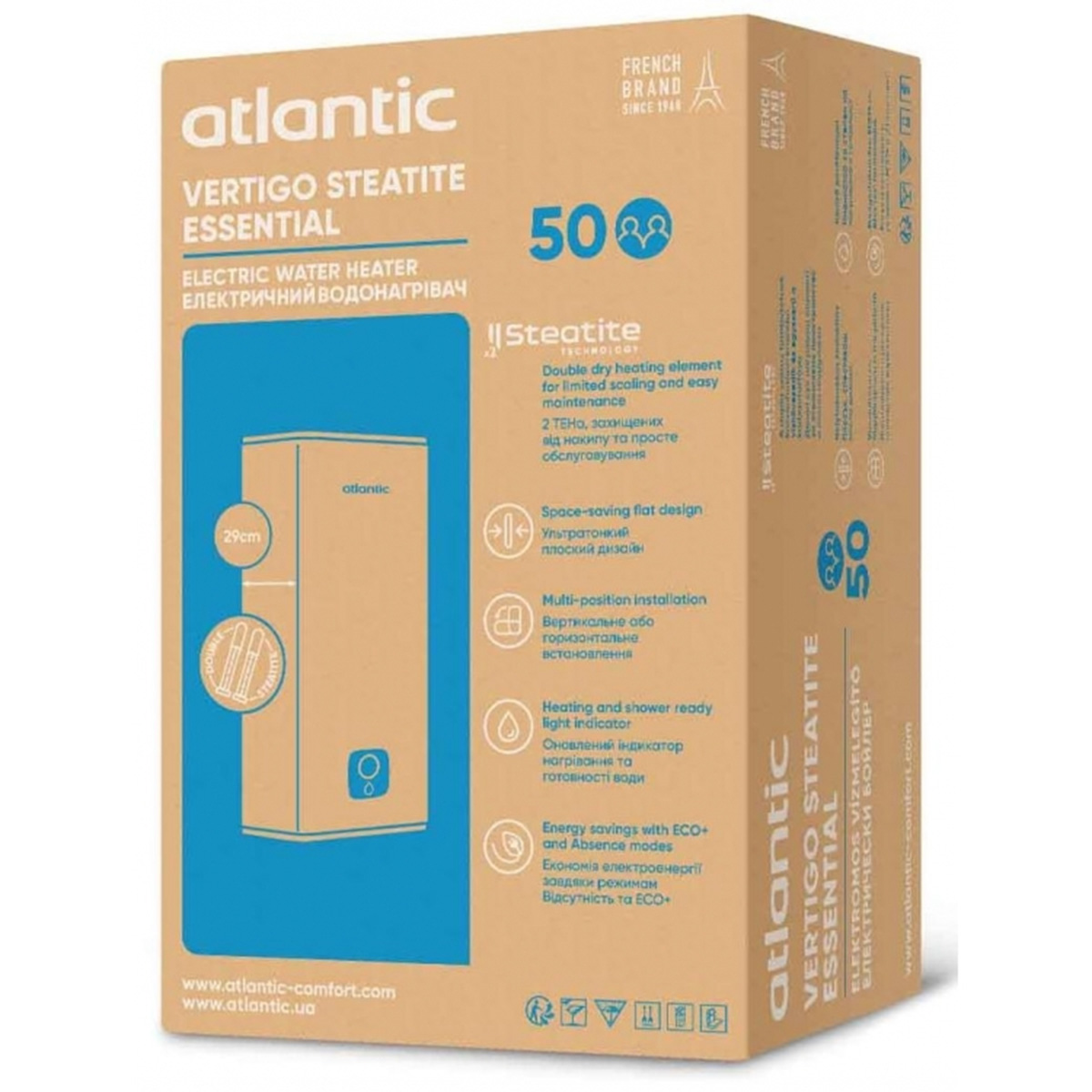 831276 Водонагрівач побутовий електричний Atlantic Vertigo Steatite Essential 50 MP-040 2F 220G 1500W (EG) (1 сорт)