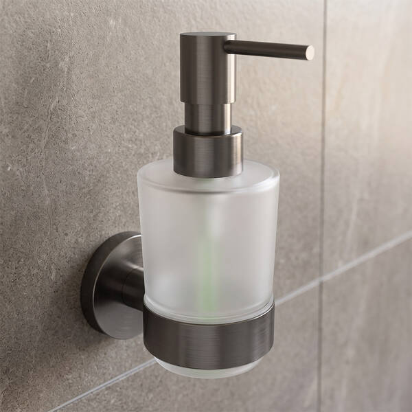 Дозатор для рідкого мила з тримачем Devit Flow DFL21010801GM, колір Gun Metal PVD, фото 1