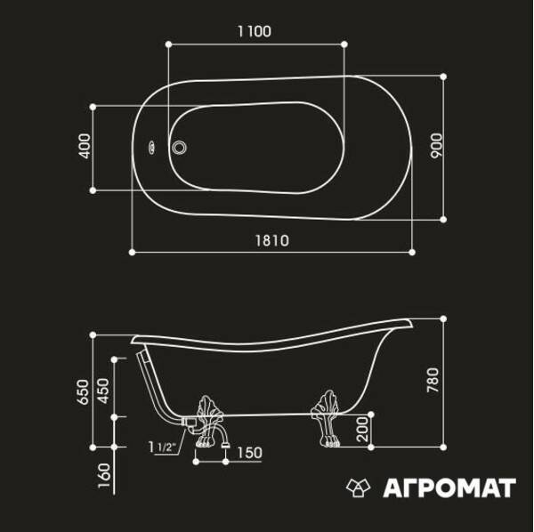 Ванна из искусственного камня WGT Antica 180x90 см с ножками цвета хром, фото 2